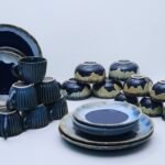 Artisanal Dark Blue and Earth Tone Reactive Glaze Ceramic Dinner Set