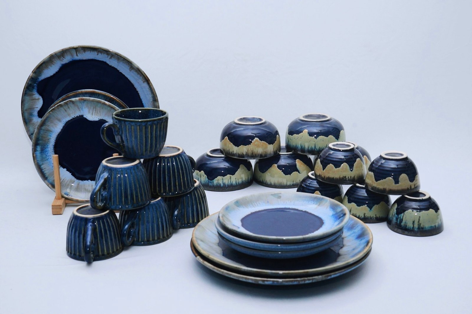 Artisanal Dark Blue and Earth Tone Reactive Glaze Ceramic Dinner Set