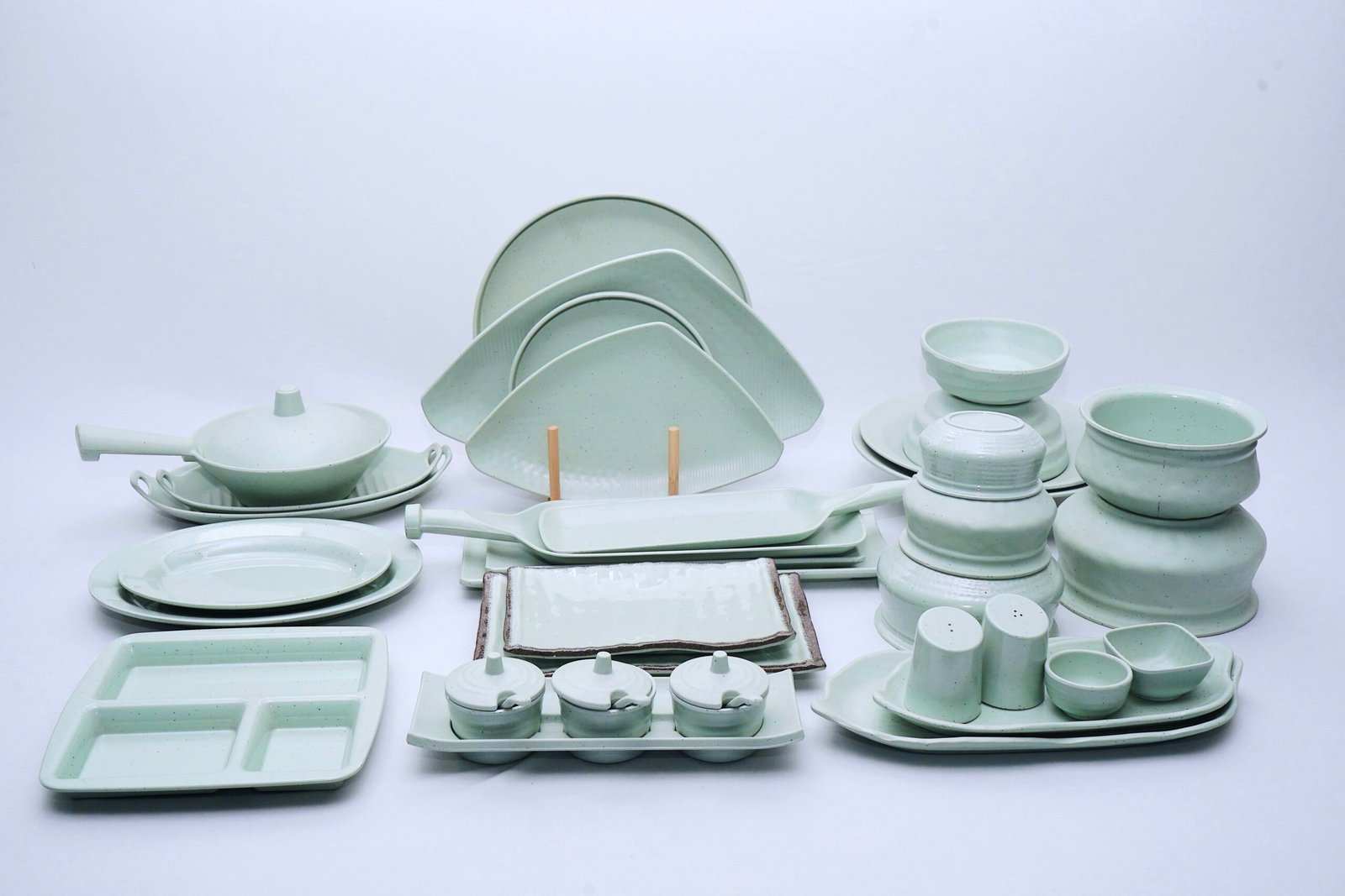 Modern Asian Celadon Green Ceramic Dinnerware Set