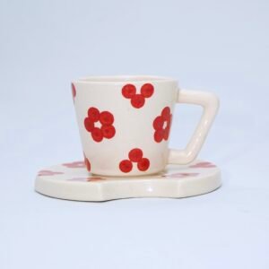 Hand-Painted Red Flower Ceramic Espresso Cup & Saucer Set