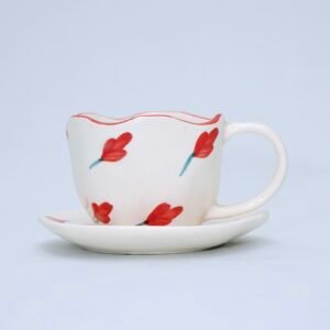Hand-Painted Red Tulip Ceramic Tea/Espresso Cup with Scalloped Rim