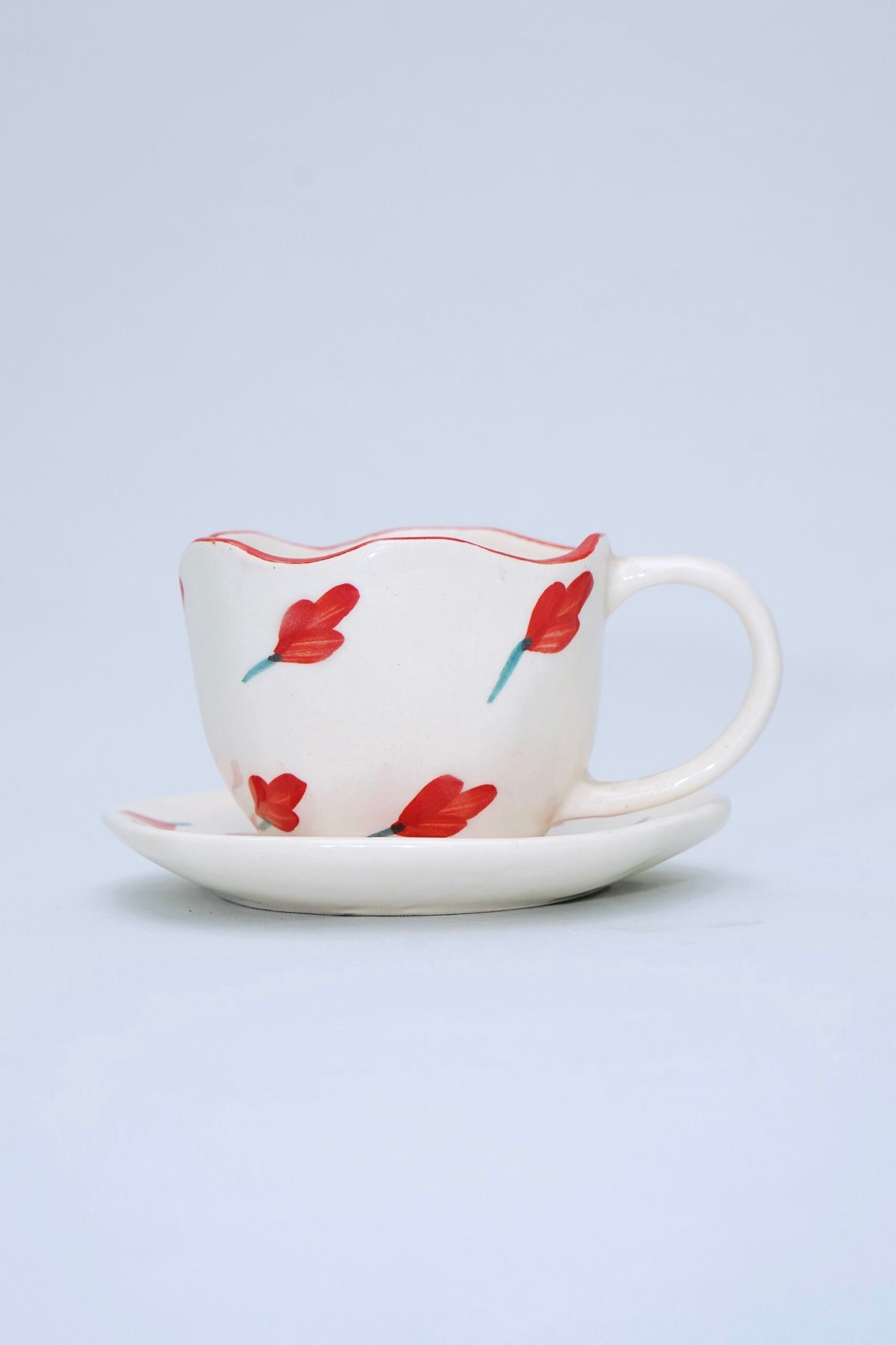 Hand-Painted Red Tulip Ceramic Tea/Espresso Cup with Scalloped Rim