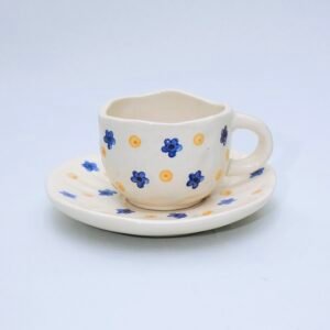 Whimsical Blue & Yellow Flower Hand-Painted Ceramic Espresso Cup and Saucer