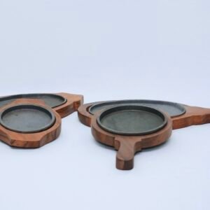 Premium Cast Iron Sizzler Platter Set with Solid Wooden Serving Bases