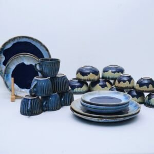 Artisanal Dark Blue and Earth Tone Reactive Glaze Ceramic Dinner Set