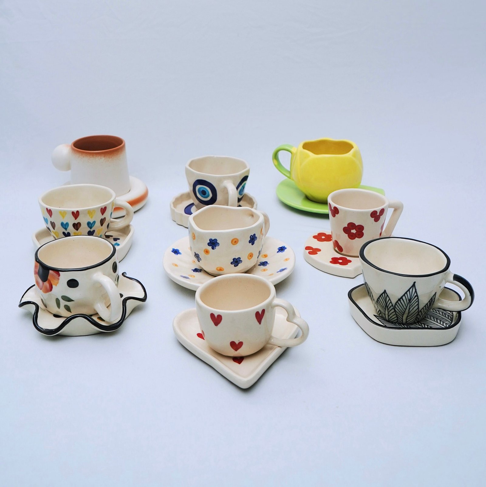 Whimsical Collection of 9 Hand-Painted Ceramic Espresso / Mini Coffee Cup & Saucer Sets