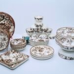 Complete Vintage-Style Ceramic Dinner Set with Brown Toile Floral Pattern