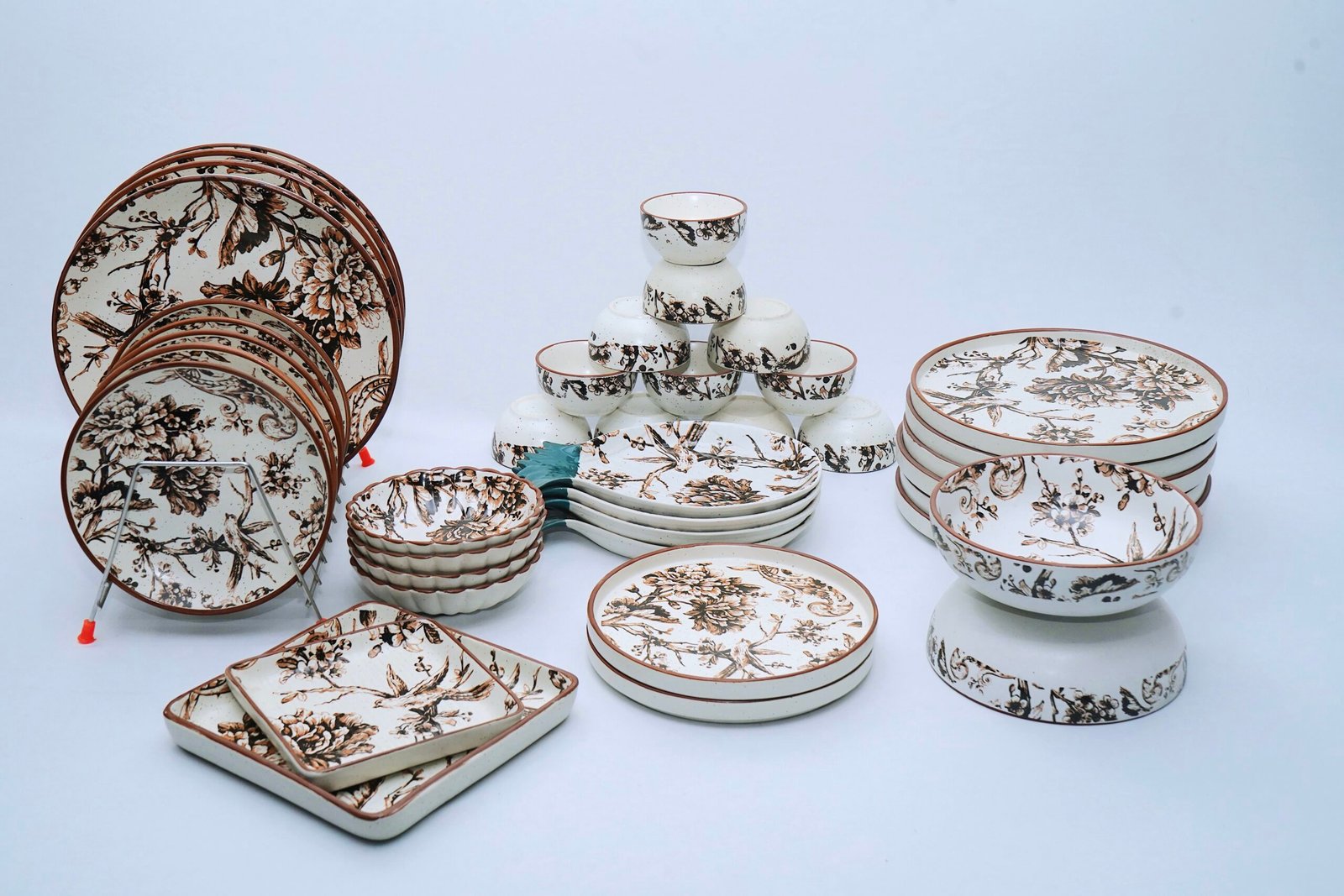 Complete Vintage-Style Ceramic Dinner Set with Brown Toile Floral Pattern